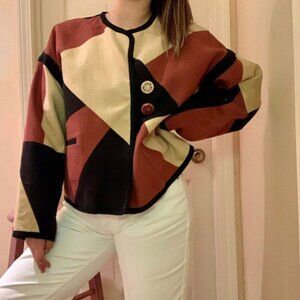 Vintage‎ Geometric Button-Up Jacket With Abstract Color Block Design XL